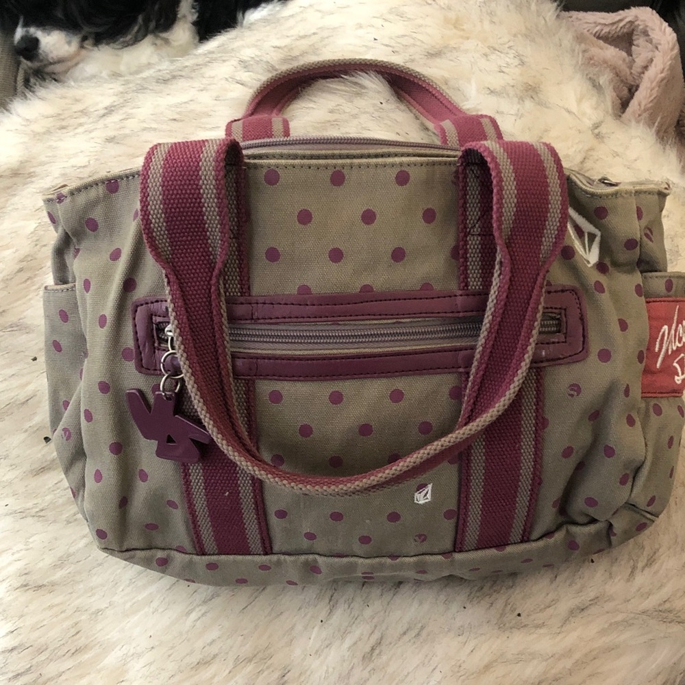 Volcom Taupe Canvas Tote with Dusty Rose Polka Dots